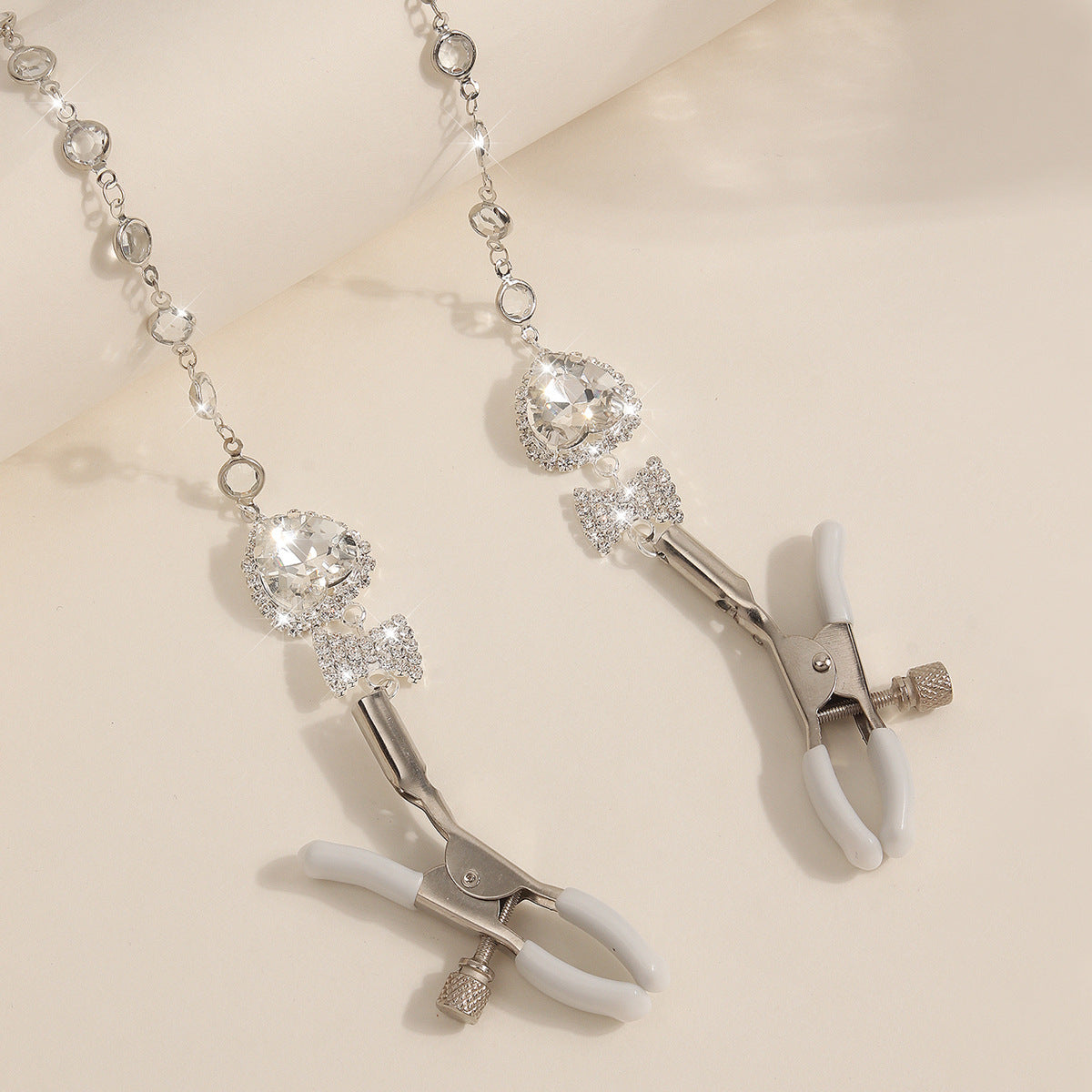 Heart & Bow Crystal Chain Nipple Clamps with Collar-3